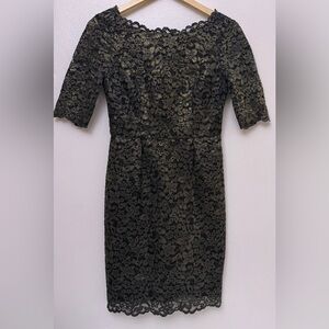 Shoshanna Dress Gold Black Lace Lined‎ Short Sleeve Size 2
